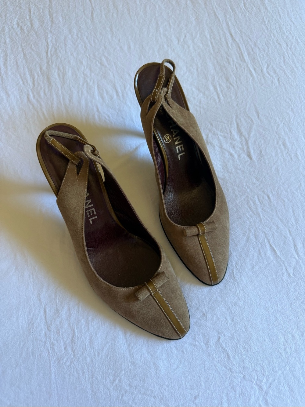 CHANEL Vintage Rare Brown Taupe Suede Pointed Toe Slingback Pumps/Heels